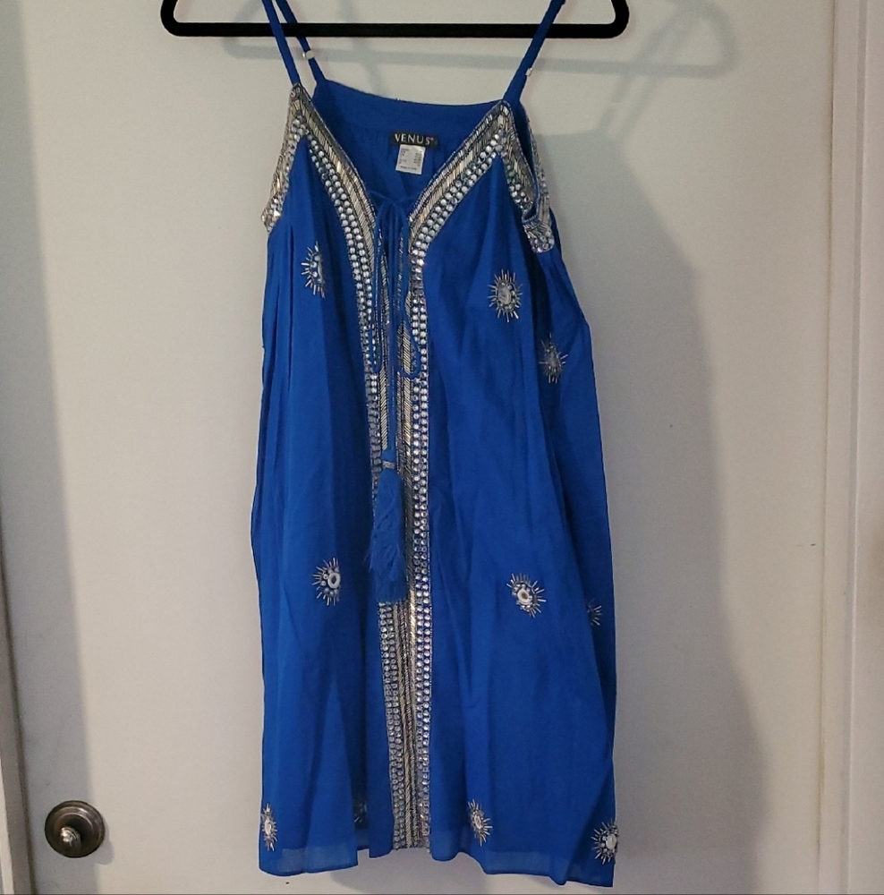 Blue Embellished Dress with Silver Accents